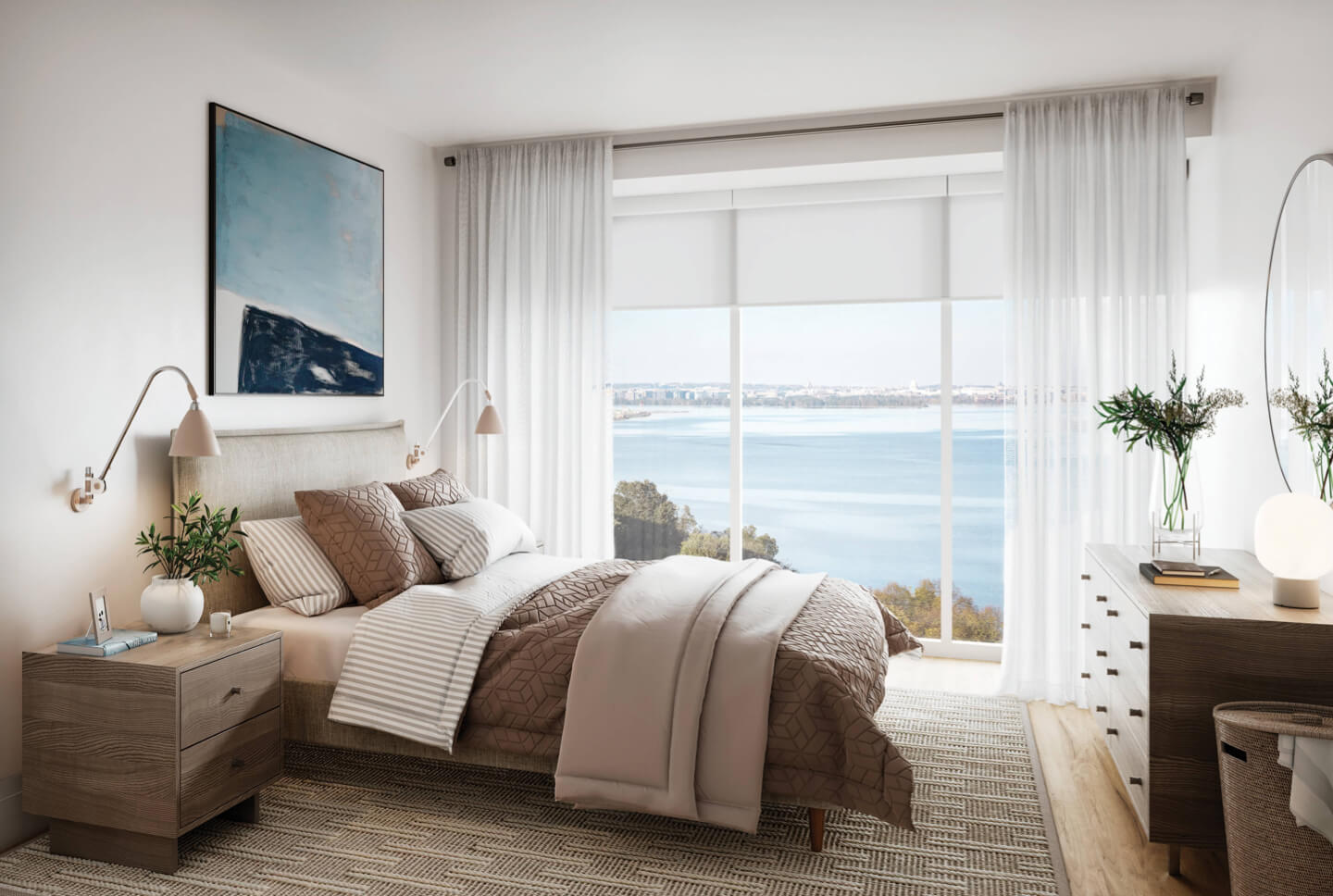 Condo residence bedroom with bed in front of large window overlooking waterfront