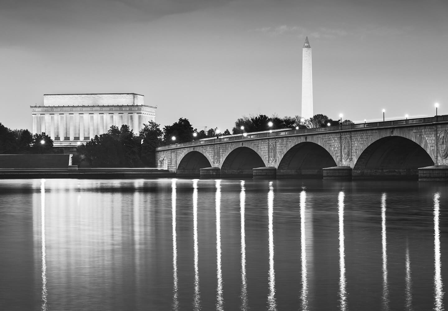Black and white photo of monuments in Washington, DC
